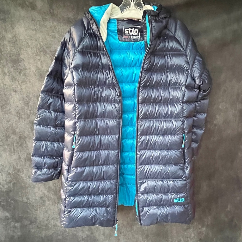 Stio Down Parka Womens Medium Navy Blue  800-Fill Puffer Jacket Gorpcore Luxury